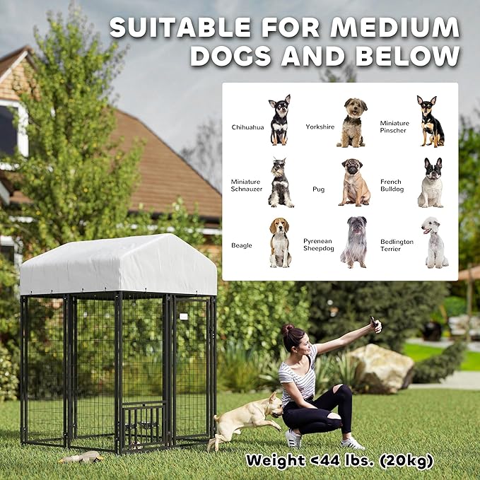 PawHut 3.9' x 3.9' x 6' Outdoor Dog Kennel, Welded Wire Heavy Duty Dog Run with 360° Rotating & 4 Level Adjustable Bowls, Dog Kennel Outside with Waterproof & UV Resistant Cover, for S&M Dogs