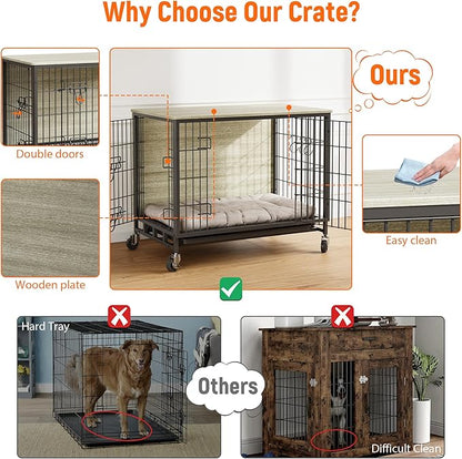 2024 Dog Crate Furniture, 38.6" Double-Doors Dogs Kennel Indoor with Removable Tray and Wheels, Wooden Dog Crates for Large Dogs, Large Dog Crate, Decorative Dog Cage End Table, Rustic Gray