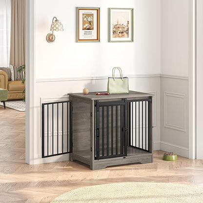 Dog Crate Furniture, 27.2" Double Door Dog Crate with Barn Door, Dog Kennel Indoor, End Side Table Wooden Dog Crate for Small Medium Dog, Anti-Chew Anti-Escape, Greige DFC84305B