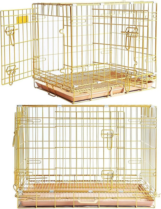 Homey Pet Dog Cage for Small Dogs, Gold Medium Dog Crate, Collapsible Dog Kennel Indoor, Nano-Coated Metal Wire Dog Crate with Removable Floor Grid Tray, Double Doors Dual Locks, GOLD24+GOLD30 Bundle
