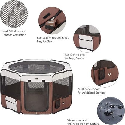 DONORO Dog Playpen 36" Portable Pet Play Pens for Small Dog/Cat/Rabbit/Chicks, Foldable Exercise Kennel Tent Crate Indoor/Outdoor Travel Camping, Removable Top/Bottom (Brown, Medium (36"x36"x20"), 8)