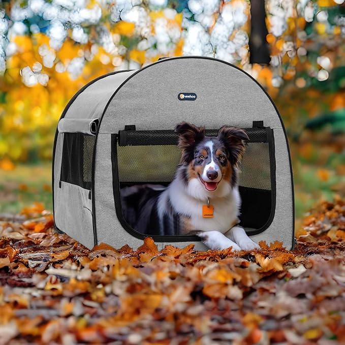 Veehoo Collapsible Dog Crates for Large Dogs - Portable Dog Travel Crate with A Storage Bag, Soft Sided Foldable Dog Kennel for Indoor & Outdoor Use, 32 * 24 * 24 inch, Grey