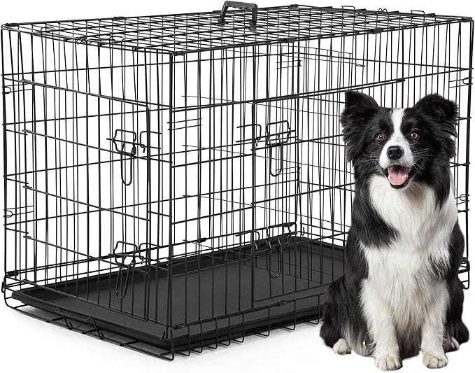 FDW XL Dog Crate Dog Kennel Cage with Double Door,42 inch Folding Metal Wire Dog Cage with Removable Tray&Divider Panel,Pet Crate for Medium Large Dogs,Black