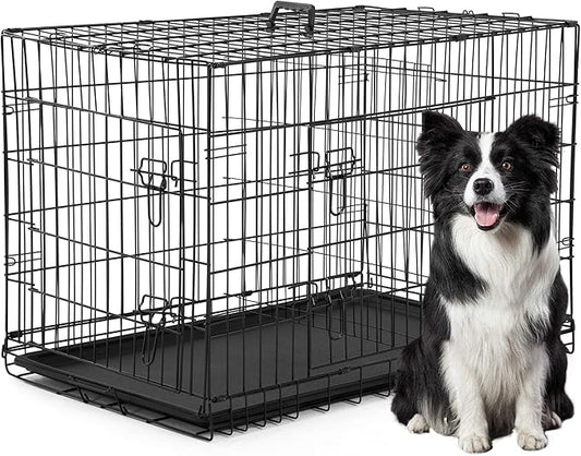 FDW XL Dog Crate Dog Kennel Cage with Double Door,42 inch Folding Metal Wire Dog Cage with Removable Tray&Divider Panel,Pet Crate for Medium Large Dogs,Black