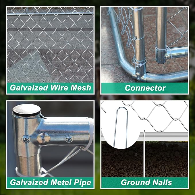 KELRIA Large Outdoor Dog Kennel with Waterproof Roof, Heavy Duty Dog Cage w/Secure Lock, Galvanized Steel Dog Fence House Enclosure, Dog Playpen for Outside Backyard, Silver (177.6x177.6x91.2 in)