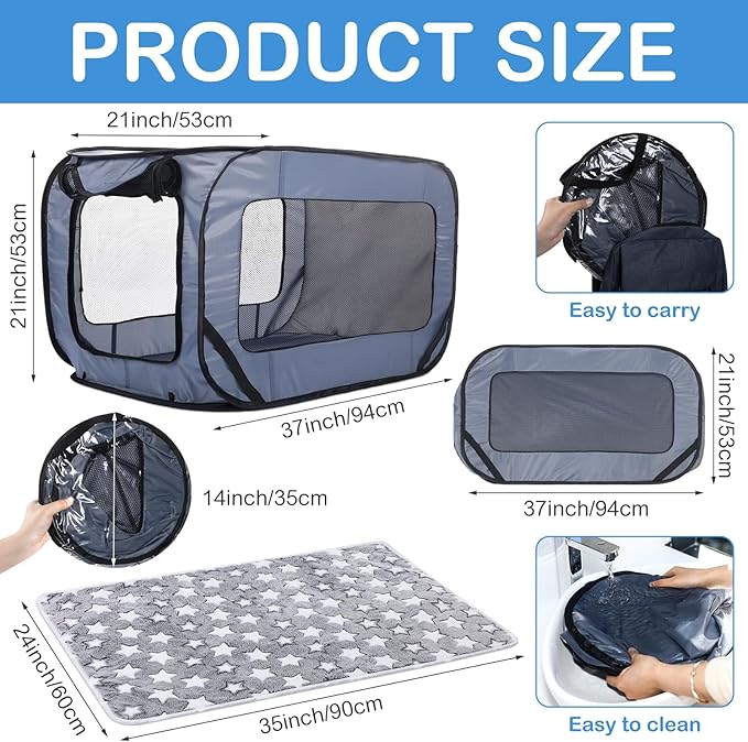 37 Inch Collapsible Dog Crate with Mat Liner Pop up Dog Kennel Waterproof Portable Car Seat Kennel Travel Crate for Pet Indoor Outdoor Cat Bed Collection(Gray)