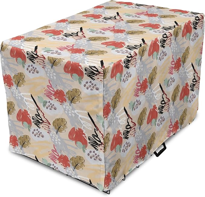 Lunarable Berries Dog Crate Cover, Random Doodle Art of Paintbrush Strokes Colorful Woodland Items Scribbles, Easy to Use Pet Kennel Cover for Cats & Medium Dogs, 30 Inch, Beige Multicolor