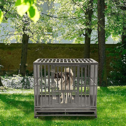 KELIXU 42” Heavy Duty Dog Crate Large Dog Cage Metal Dog Kennels and Crates for Large Dogs Indoor Outdoor with Locks, Lockable Wheels and Removable Tray, Easy to Install, Black