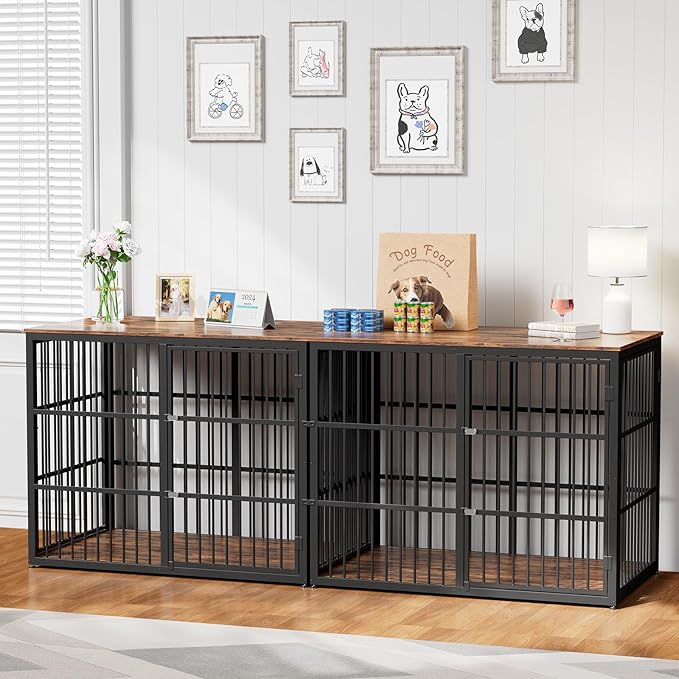 94.48'' Dog Crate Furniture Large Breed TV Stand with Double Rooms,Wooden Dog Kennel Dog Crate End Table with Removable Divider for Large Medium Dogs, Can Use Separately
