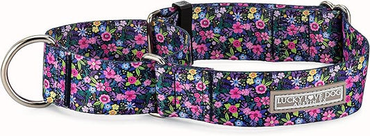 Lucky Love Dog Wide Martingale Dog Collar - No-Slip, Durable, & Soft Webbing 1.5 inch Martingale Collar for Dogs Male and Female - Ideal for Training & Walking, Stylish Primrose Pattern, Large Size