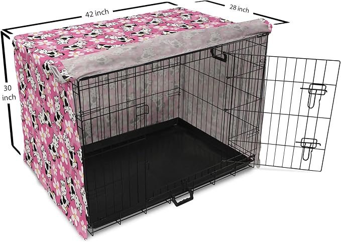 Lunarable Cow Dog Crate Cover, Cartoon Pattern Domestic Farm Animal and Daisy Flowers, Easy to Use Pet Kennel Cover for Medium Large Dogs, 42 Inch, Pink Charcoal Grey