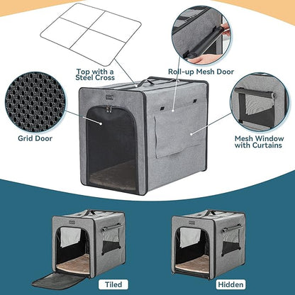PETSFIT Dog Travel Crate, Soft Dog Crate - 31 Inch with Thicken Mat, Easy to Fold, Sturdy and Portable, Perfect for Traveling, Soft Sided Dog Crate Grey