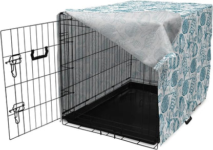 Lunarable Under The Sea Dog Crate Cover, Hand Drawn Sketch Art Style Fauna of The Sea Turtle Starfish and Fishes, Easy to Use Pet Kennel Cover for Cats & Medium Dogs, 24 Inch, Blue White