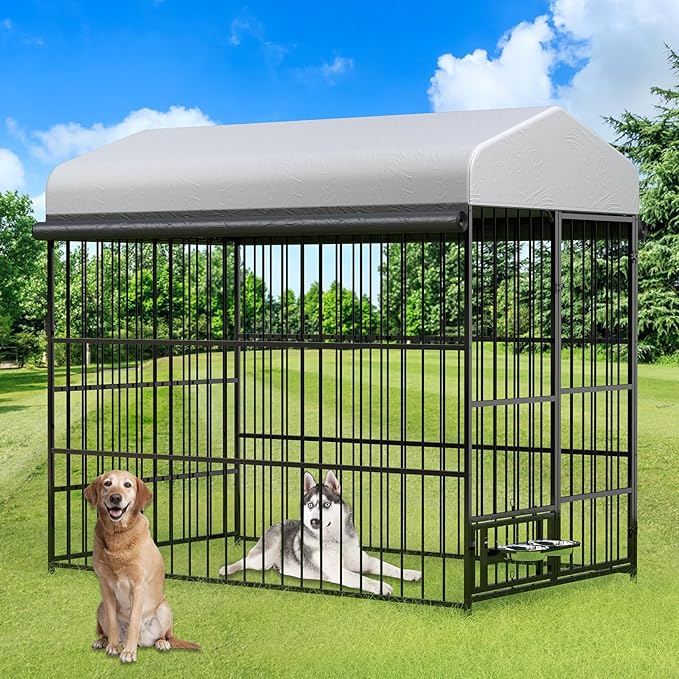 Rovibek Outdoor Dog Kennel with Roof, Dog Kennel Outside Heavy Duty Dog Playpen, Dog Run Enclosure with 2 Rotating Bowl & Sun-Proof Cover Dogs