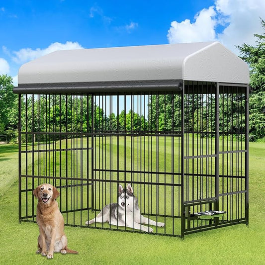 Rovibek Outdoor Dog Kennel with Roof, Dog Kennel Outside Heavy Duty Dog Playpen, Dog Run Enclosure with 2 Rotating Bowl & Sun-Proof Cover Dogs
