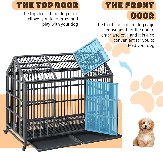 Heavy Duty Dog Crate, 52 Inch Dog Crate with Double Door, 360° Lockable Wheels and Removable Tray, Easy to Assembly，Indoor Dog Cage for Small Medium Large Dogs