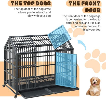 Heavy Duty Dog Crate, 52 Inch Dog Crate with Double Door, 360° Lockable Wheels and Removable Tray, Easy to Assembly，Indoor Dog Cage for Small Medium Large Dogs