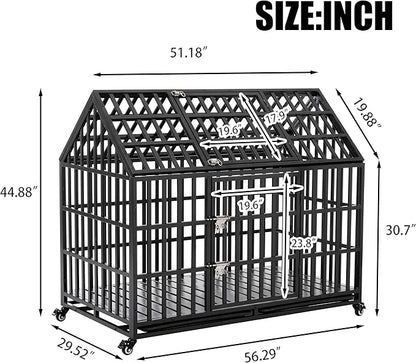 52" Metal Dog Cage with 4 Lockable Wheels, Heavy Duty Dog Kennel with Doors and Roof for Large Dogs, Black