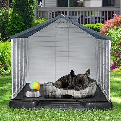 YITAHOME 28.5'' Large Plastic Dog House Outdoor Indoor Doghouse Puppy Shelter Water Resistant Easy Assembly Sturdy Dog Kennel with Air Vents and Elevated Floor (28.5''L*26''W*28''H, Gray)
