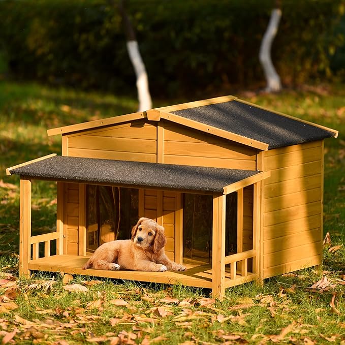 YOTPO 47.2" Wooden Indoor & Outdoor Medium Dog House with Porch Door and Removable Curtain,Pet Kennel with Weatherproof Solid Wood,for Yard,Garden,Living Room,Villa,Wood