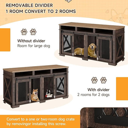 IDEALHOUSE 71" Extra Large Dog Crate Furniture, Wooden Double Dog Crates Kennel Cage,Furniture Style Tv Stand Side End Table for 2 Dogs With Removable Divider for Large Dogs,3 Storage,Dark Walnut/Ligh