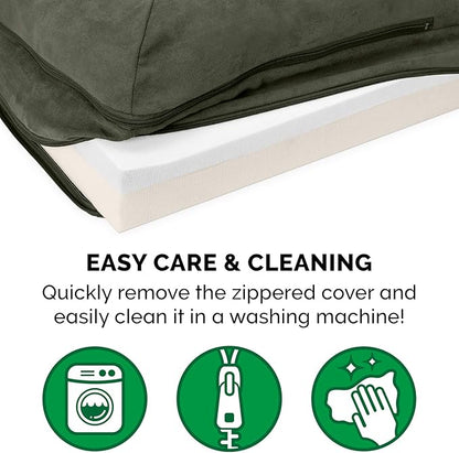 Furhaven Memory Foam Dog Bed for Large/Medium Dogs w/ Removable Bolsters & Washable Cover, For Dogs Up to 55 lbs - Two-Tone Plush Faux Fur & Suede L Shaped Chaise - Dark Sage, Large