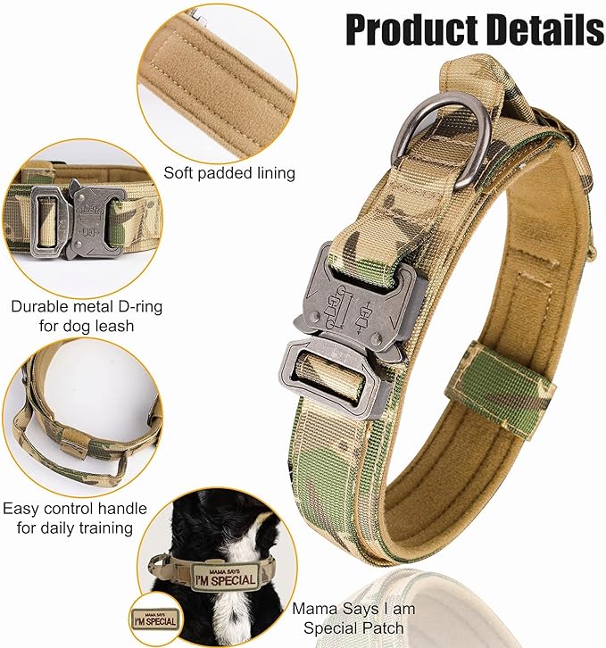 KCUCOP Tactical Dog Collar with Handle,Adjustable Military Dog Collar with Metal Buckle and Patches,Heavy Duty Dog Collars for Large Dogs (Camo-XL)