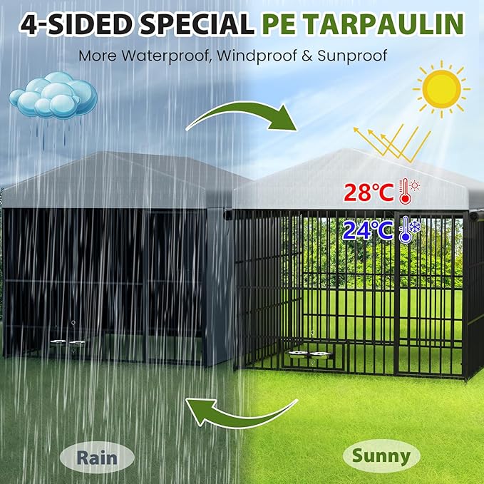 Rovibek Outside Dog Kenne with Roof, Outdoor Dog Kennel with 3 Sides Sun-Proof Cover,Large Dog Kennel Outdoor, Dog Run Enclosure with 2 Rotating Bowls for Large Dogs