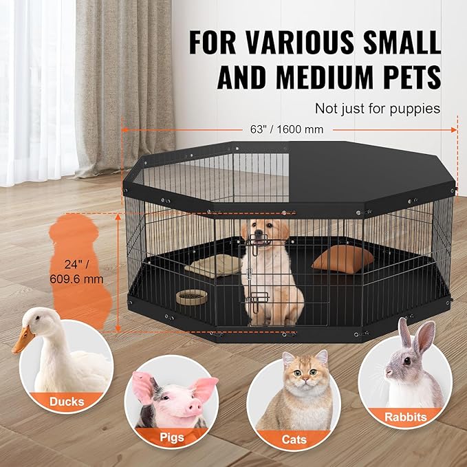 VEVOR Foldable Metal Dog Exercise Pen, Pet Playpen Dog Fence for Camping with Top Cover and Bottom Pad, 24" H 8 Panels, Puppy Crate Kennel Indoor Outdoor for Medium Dogs, Both for Home&Yard