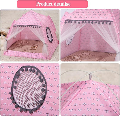 Gigreinc Cat Princess Indoor Tent House Pet Dog Cute Floral Cave Nest Bed Portable Dog Tents (M:38x38x36cm/15x15x14inch, Floral Pink)