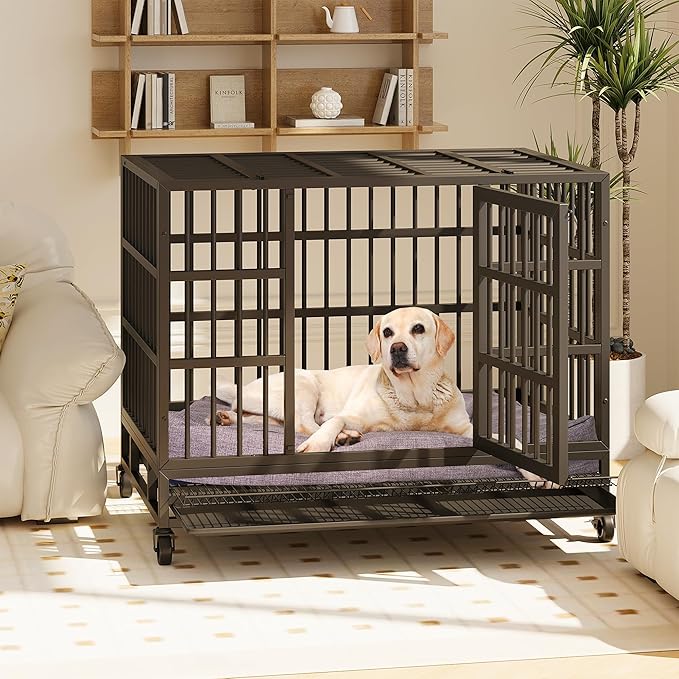 Shintenchi 48 inch Heavy Duty Crates for Large Dog, Indestructible and Escape-Proof Cage Kennel with Lockable Wheels, Double Door High Anxiety with Removable Tray, Black