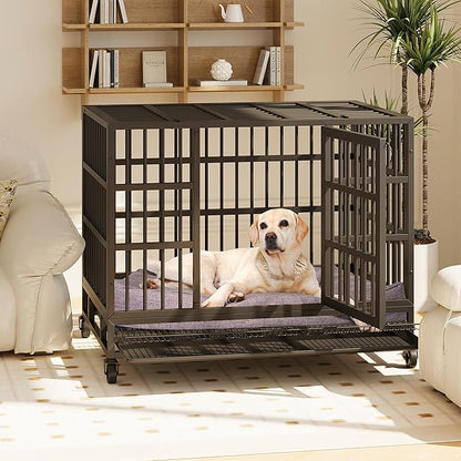 Shintenchi 48 inch Heavy Duty Crates for Large Dog, Indestructible and Escape-Proof Cage Kennel with Lockable Wheels, Double Door High Anxiety with Removable Tray, Black