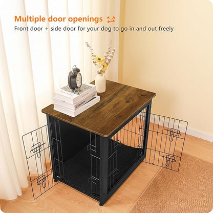 DWANTON Dog Crate Furniture with Cushion, Wooden Dog Crate with Double Doors, Dog Furniture, Dog Kennel Indoor for Small Dog，End Table, 27.2" L, Black+Warm Brown