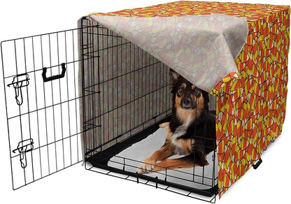 Lunarable Candy Corn Dog Crate Cover, Continuous Illustration of Cartoon Style Traditional Halloween Items, Easy to Use Pet Kennel Cover for Medium Large Dogs, 36 Inch, Vermilion Mustard