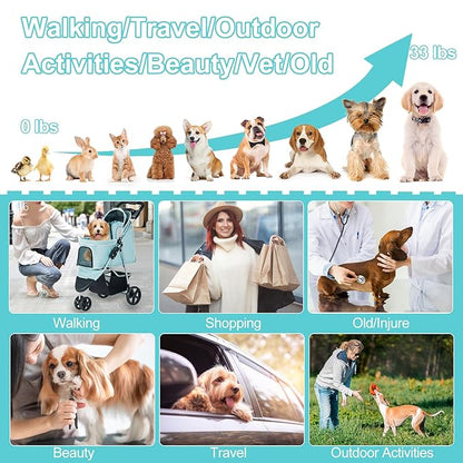 Pet Stroller for Medium Small Dogs and Cats, Folding Puppy Stroller Dog Cat Cage Jogger Stroller with Cup Holder and Storage Basket, 3 Wheels, Light Blue