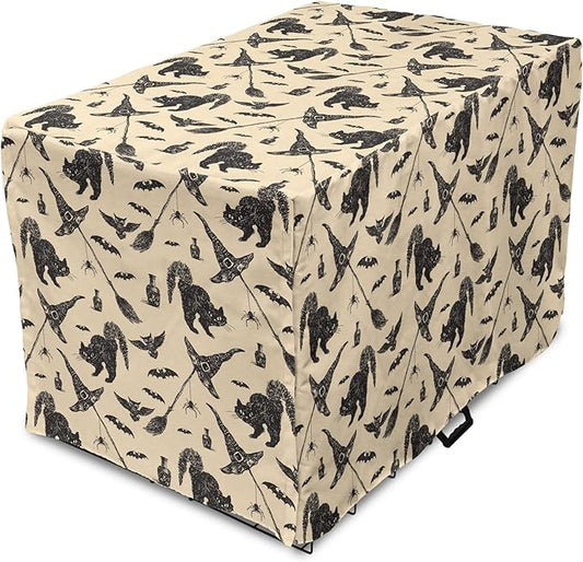 Lunarable Halloween Dog Crate Cover, Sketch Drawn Bat Cat Spider Witch Hat and Broom Pattern, Easy to Use Pet Kennel Cover for Small Dogs Puppies Kittens, 22 Inch, Grey Beige Charcoal
