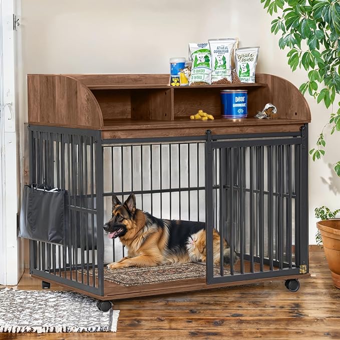 Merax 44" Heavy Duty Large Medium Dog Crate, Wooden Metal Kennel Pet Cage with Lockable Wheels & End Table Double Layer Storage Indoor Furniture, Brown
