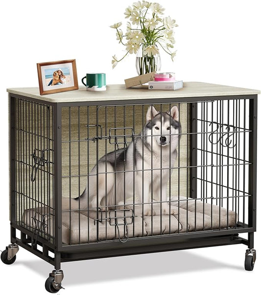 32.5" Dog Crate Furniture, Furniture-Style Dog Crate - Kennel Table with Wheels, Rustic Pet Cage for Medium Breeds, Grey & Black