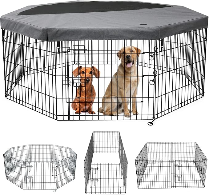 PETIME Foldable Metal Dog Exercise Pen/Pet Puppy Playpen Kennels Yard Fence Indoor/Outdoor 8 Panel 24" W x 36" H with Top Cover (with top Cover, 8 Panels 36" H)