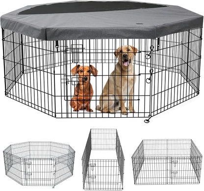 PETIME Foldable Metal Dog Exercise Pen/Pet Puppy Playpen Kennels Yard Fence Indoor/Outdoor 8 Panel 24" W x 36" H with Top Cover (with top Cover, 8 Panels 36" H)