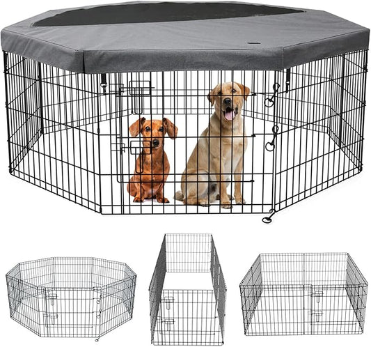 PETIME Foldable Metal Dog Exercise Pen/Pet Puppy Playpen Kennels Yard Fence Indoor/Outdoor 8 Panel 24" W x 30" H with Top Cover (with top Cover, 8 Panels 30" H)