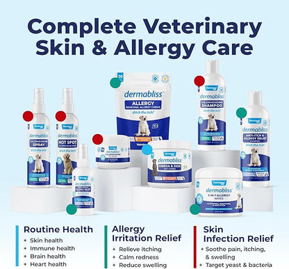 Vetnique Dermabliss 3-in-1 Medicated Dog Wipes - Relief for Itchy Skin, Allergies & Odor Control, Gentle No-Sting Formula, Antihistamine & Hydrocortisone Paw Wipes for Dogs & Cats 50 Count