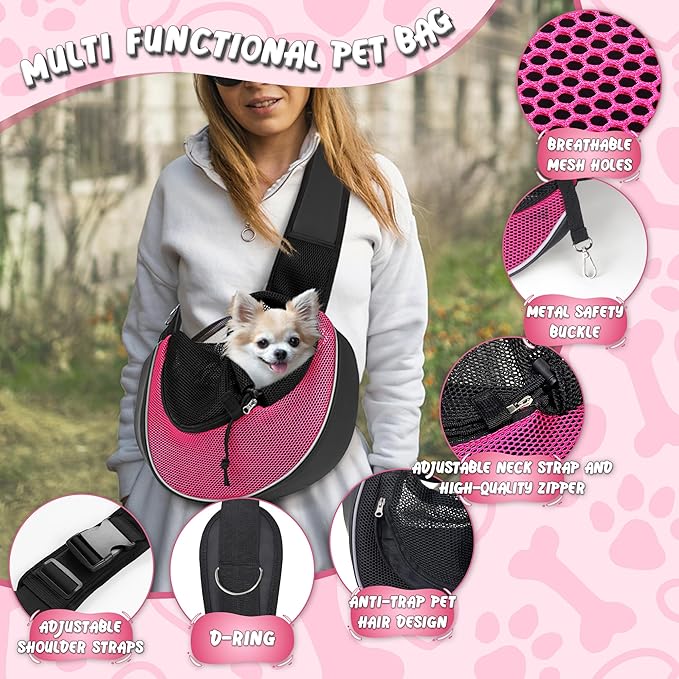 WOYYHO Dog Sling Carrier - Adjustable Strap,Hard Bottom,Large Zip Pocket,Breathable Mesh - Suitable for Puppies Outdoor Travel (Pink M)