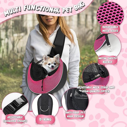 WOYYHO Dog Sling Carrier - Adjustable Strap,Hard Bottom,Large Zip Pocket,Breathable Mesh - Suitable for Puppies Outdoor Travel (Pink M)