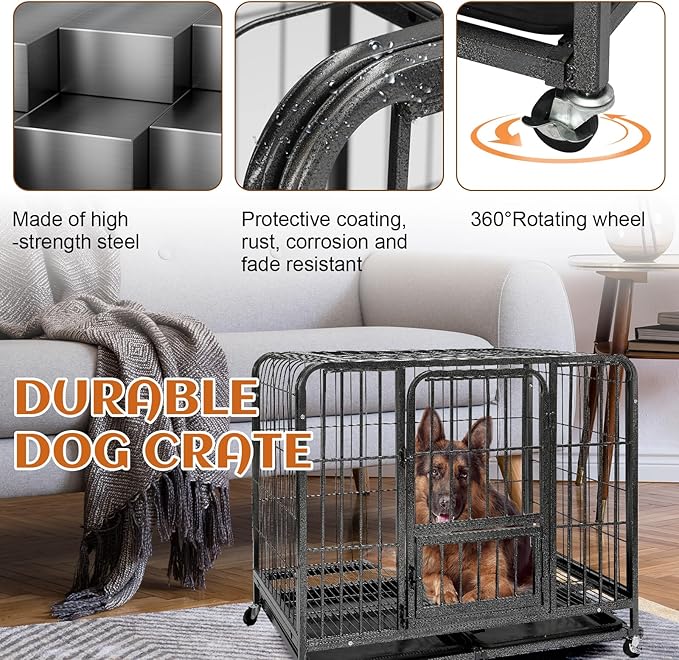 49.2Inch Indestructible Metal Dog Crates for Large Dogs, Heavy Duty Escape Proof Dog Kennel Indoor Extra Large Dog Crate with Lockable Wheels, XXL Dog Crate 49.2" L x 37" W x 43.3" H