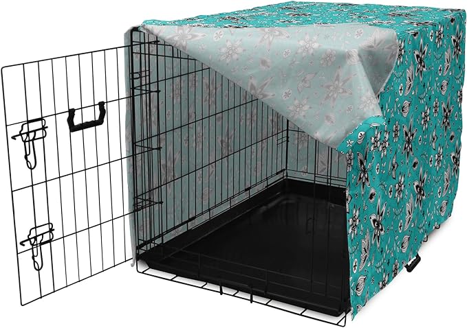Lunarable Flower Dog Crate Cover, Abstract Monochrome Floral with Botanical Items, Easy to Use Pet Kennel Cover for Small Dogs Puppies Kittens, 22 Inch, Seafoam Grey