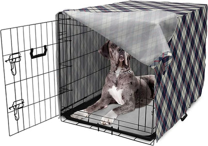 Lunarable Plaid Dog Crate Cover, Celtic Fashion Diagonal Retro Style Classical Irish Culture Inspiration, Easy to Use Pet Kennel Cover for Medium Large Dogs, 48 Inch, Night Blue Red Beige