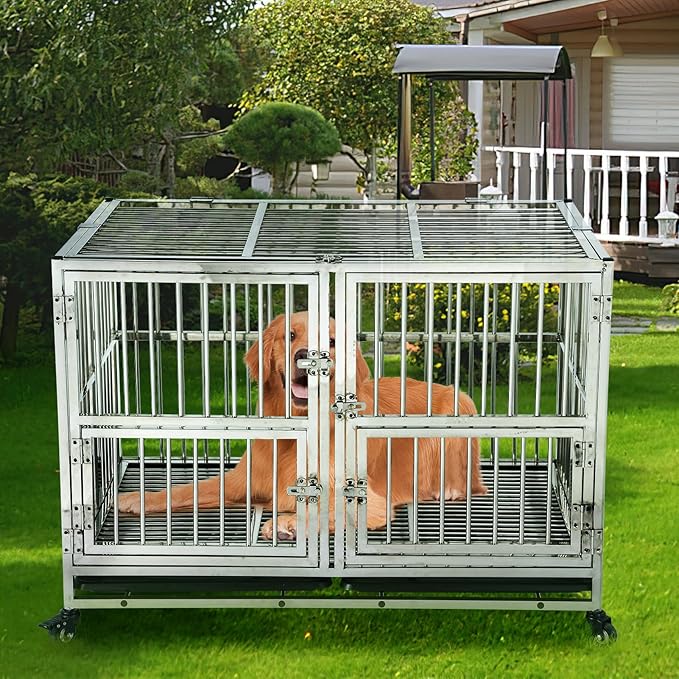 48"(Update) Heavy Duty Dog Crate Cage Kennel with Wheels, Full Stainless Steel High Anxiety Indestructible Dog Crate, Sturdy Locks Design, Double Door Small Door Design & Removable Tray Design