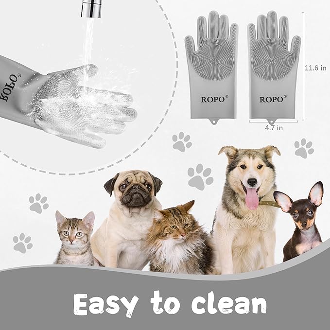 ROPO silicone gloves for pet grooming, multi-functional gloves for pet hair shedding, bathing, and massage (Grey)