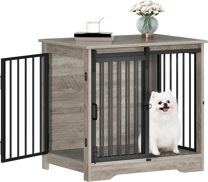 Dog Crate Furniture, 27.2" Double Door Dog Crate with Barn Door, Dog Kennel Indoor, End Side Table Wooden Dog Crate for Small Medium Dog, Anti-Chew Anti-Escape, Greige DFC84305B